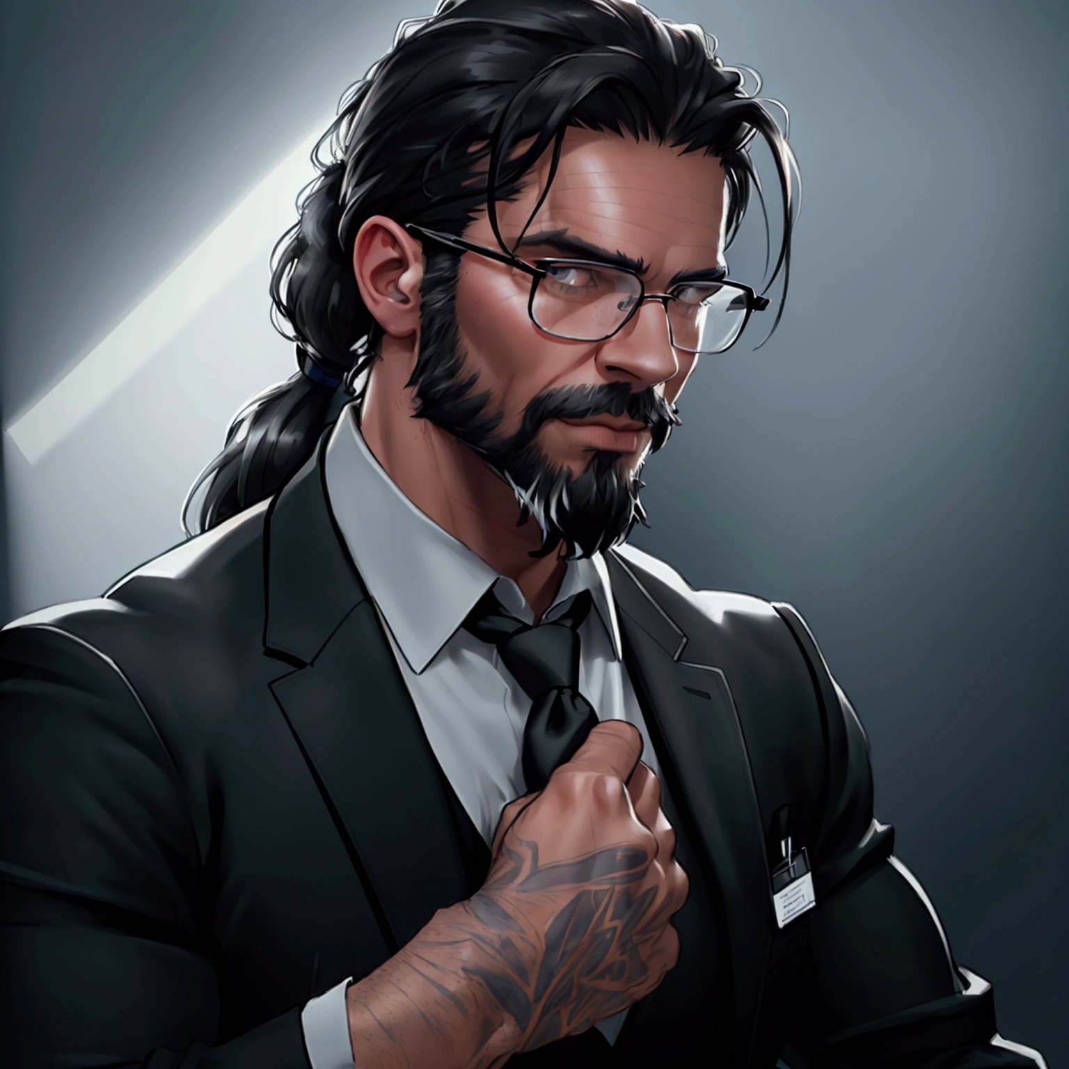 a muscular man with long dark hair in a ponytail,glasses,scruffy beard,wearing a business vest and black dress pants,solo,alone,(SOLO)(ALONE),extremely detailed portrait,photorealistic,cinematic lighting,(best quality,8k,highres,masterpiece:1.2),ultra-detailed,(realistic:1.37)