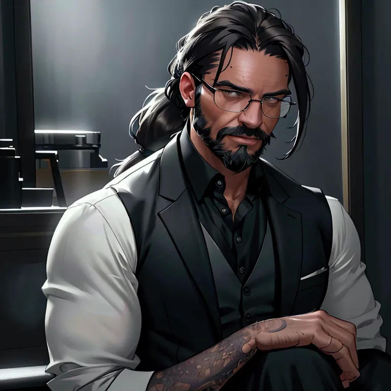 a muscular man with long dark hair in a ponytail,glasses,scruffy beard,wearing a business vest and black dress pants,solo,alone,...