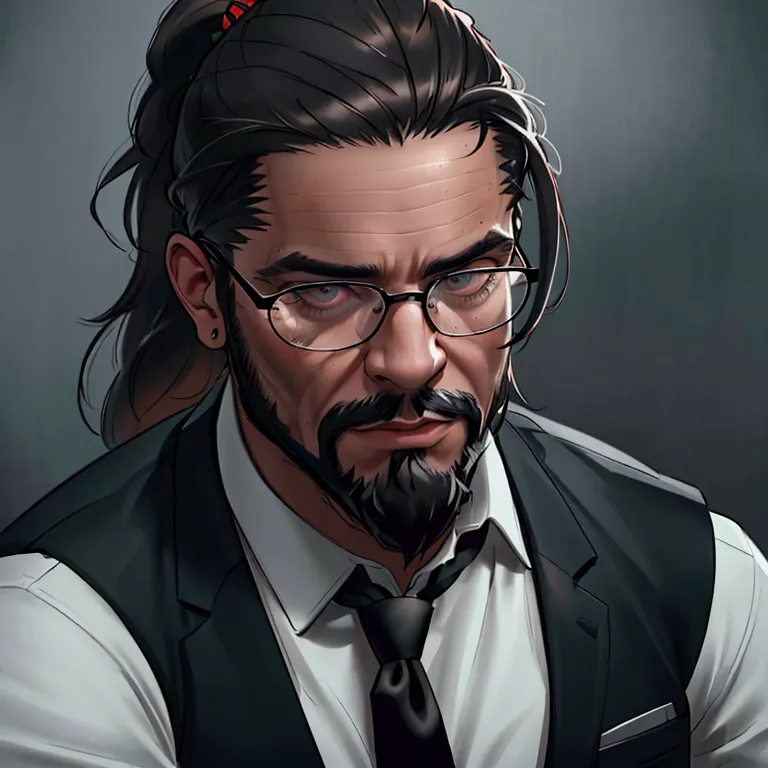 a muscular man with long dark hair in a ponytail,glasses,scruffy beard,wearing a business vest and black dress pants,solo,alone,...