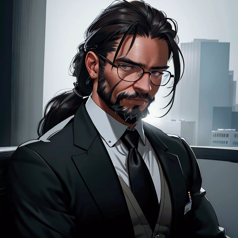 a muscular man with long dark hair in a ponytail,glasses,scruffy beard,wearing a business vest and black dress pants,solo,alone,(SOLO)(ALONE),extremely detailed portrait,photorealistic,cinematic lighting,(best quality,8k,highres,masterpiece:1.2),ultra-detailed,(realistic:1.37)