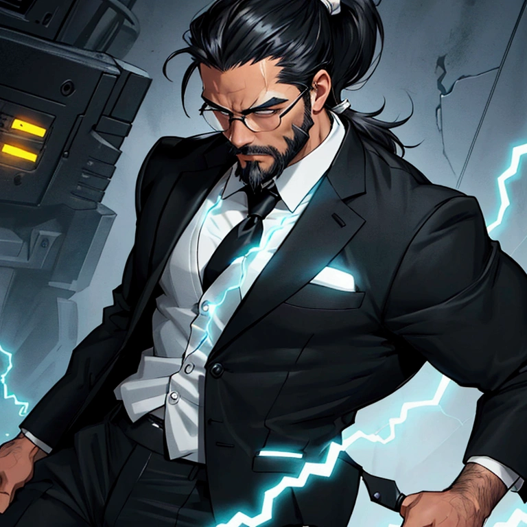 a muscular male with a ponytail, wearing glasses, wearing a business vest and black dress pants, has black hair, has a light scruffy beard, solo, alone, (SOLO)(ALONE) from the waist up, has glowing electrical powers