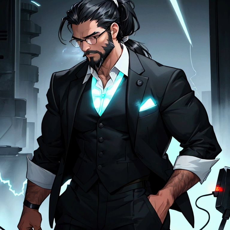 a muscular male with a ponytail, wearing glasses, wearing a business vest and black dress pants, has black hair, has a light scruffy beard, solo, alone, (SOLO)(ALONE) from the waist up, has glowing electrical powers