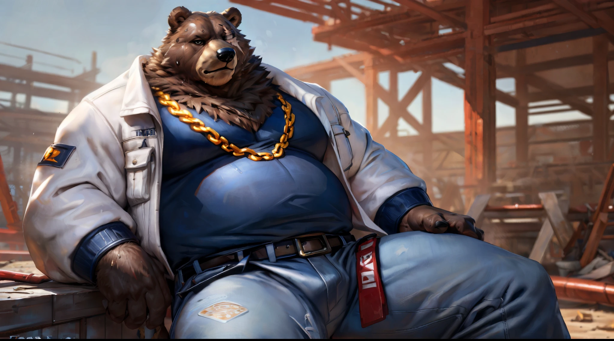 ben (zenless zone zero), (by taran fiddler), (by darkgem:0.8), (by chunie:0.8), masterpiece, (((detailed fluffy fur))), looking at viewer, scar, seductive, ((bedroom eyes)), bear, brown fur, fur, male, (manly:1.3), full body view, fat, musclegut, ((construction site background, sunshine, sun rays)), sitting on concrete, ((white construction jacket)), ((blue construction jeans)), construction tools, belt, (hard hat), ((sweating, sweaty, sweat)), ((gold chain)), detailed eyes