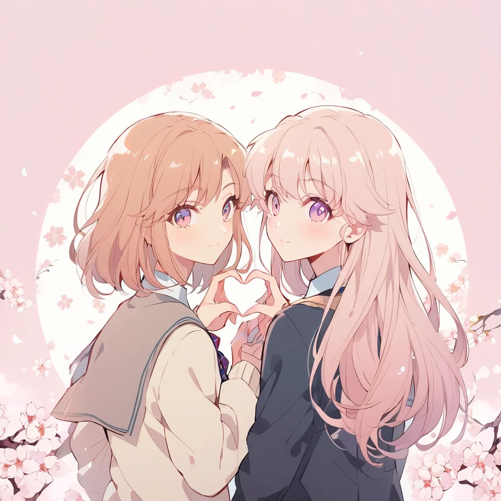 Anime Style, Two Girls, (Couple between girls), ((Middle school students, school uniform)), Making a Heart with Fingers, Back view, Cherry blossom background