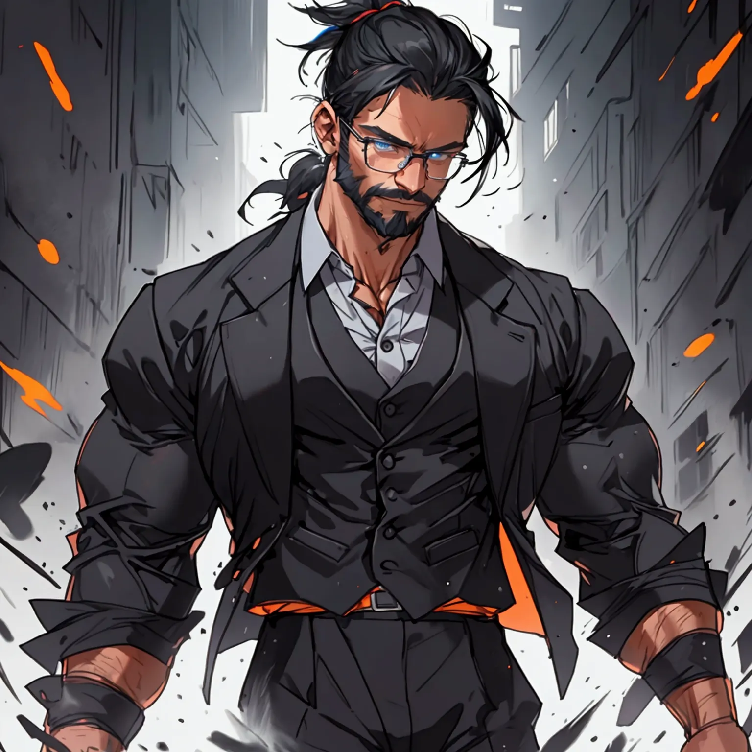 a muscular man with a ponytail, glasses, black hair, light scruffy beard, wearing a business vest and black dress pants, solo, a...