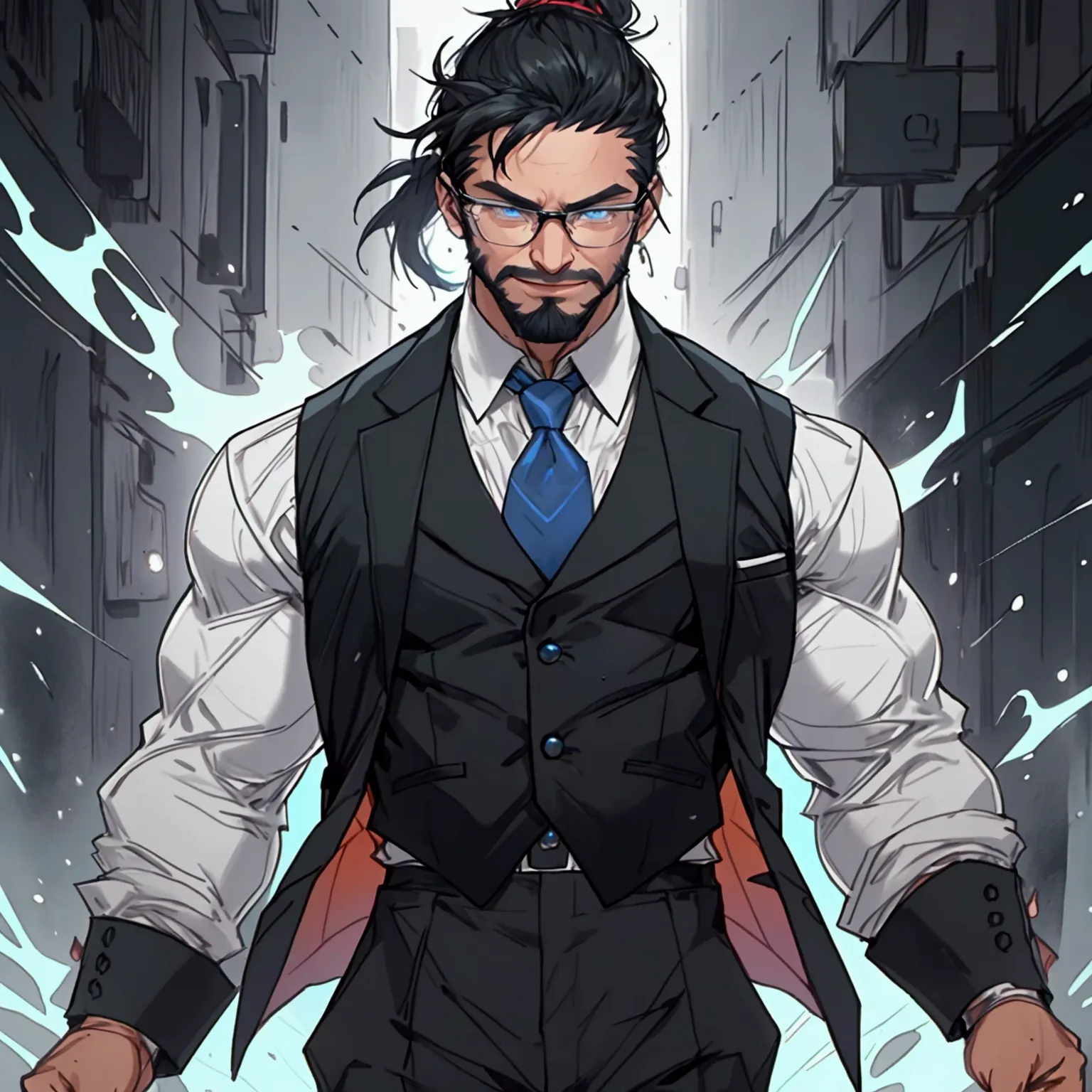 a muscular man with a ponytail, glasses, black hair, light scruffy beard, wearing a business vest and black dress pants, solo, a...