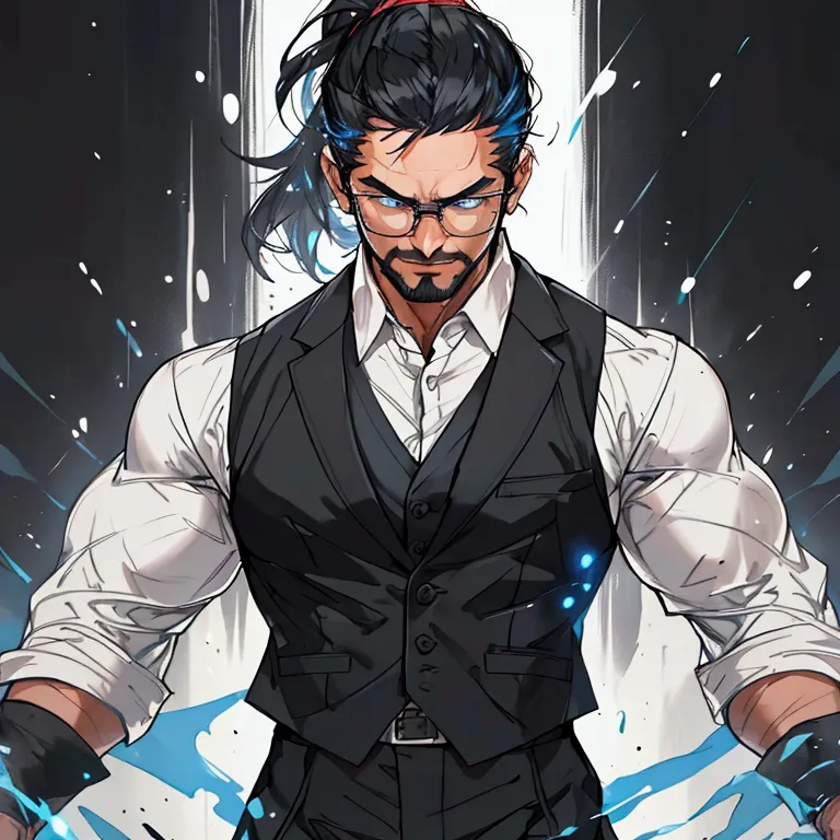 a muscular man with a ponytail, glasses, black hair, light scruffy beard, wearing a business vest and black dress pants, solo, a...