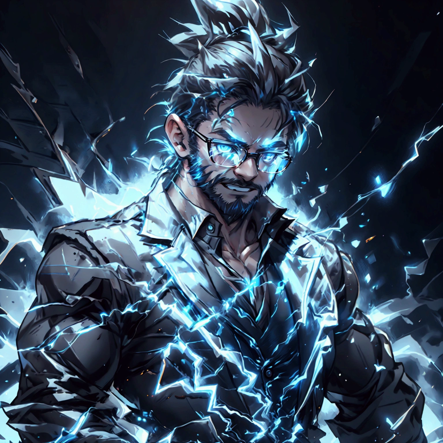 a muscular man with a ponytail, glasses, black hair, light scruffy beard, wearing a business vest and black dress pants, solo, alone, glowing electrical powers, (SOLO)(ALONE), best quality, 8k, highres, masterpiece, ultra-detailed, realistic, photorealistic, photo-realistic, HDR, UHD, studio lighting, ultra-fine painting, sharp focus, physically-based rendering, extreme detail description, professional, vivid colors, bokeh, has blue eyes, blue electric powers, wearing white dress shirt and black vest, fighting pose, grinning, lightning