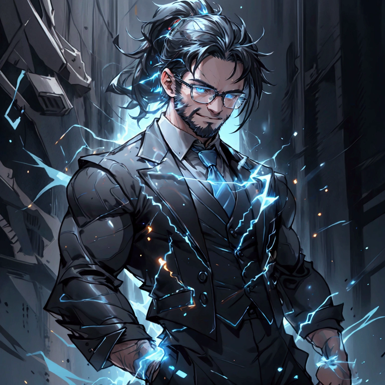 a muscular man with a ponytail, glasses, black hair, light scruffy beard, wearing a business vest and black dress pants, solo, alone, glowing electrical powers, (SOLO)(ALONE), best quality, 8k, highres, masterpiece, ultra-detailed, realistic, photorealistic, photo-realistic, HDR, UHD, studio lighting, ultra-fine painting, sharp focus, physically-based rendering, extreme detail description, professional, vivid colors, bokeh, has blue eyes, blue electric powers, wearing white dress shirt and black vest, fighting pose, grinning, lightning