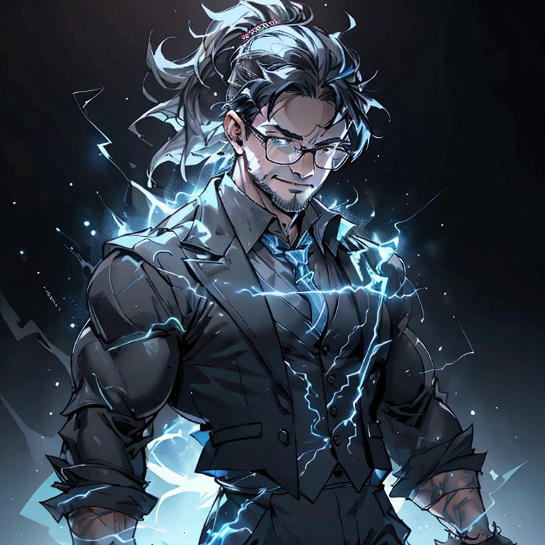 a muscular man with a ponytail, glasses, black hair, light scruffy beard, wearing a business vest and black dress pants, solo, alone, glowing electrical powers, (SOLO)(ALONE), best quality, 8k, highres, masterpiece, ultra-detailed, realistic, photorealistic, photo-realistic, HDR, UHD, studio lighting, ultra-fine painting, sharp focus, physically-based rendering, extreme detail description, professional, vivid colors, bokeh, has blue eyes, blue electric powers, wearing white dress shirt and black vest, fighting pose, grinning, lightning