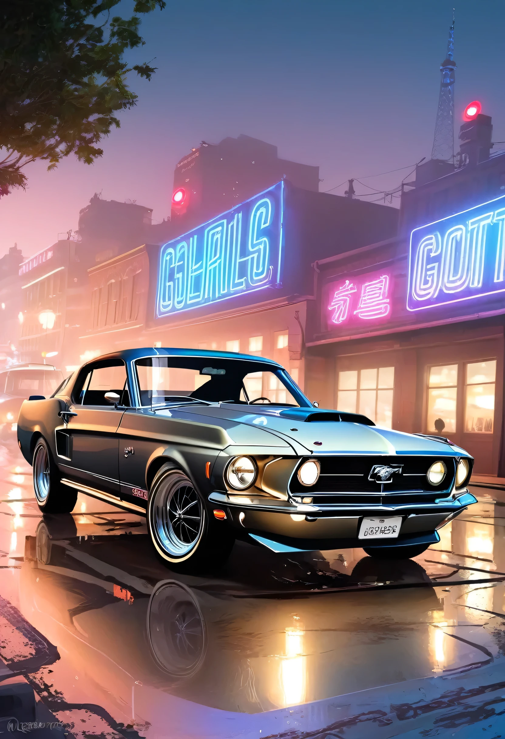 ilustración: Ford Mustang 429, Luz volumétrica estilo GTA. En esta cautivadora ilustración, Nos transportamos a un reino donde la esencia de un automóvil clásico vintage se transforma en una impresionante obra de arte.. El Auto Clásico Vintage se alza con valentía, irradiando un aura de nostalgia y elegancia. Su cuerpo elegante, Elaborado con la máxima atención al detalle, Muestra una fusión armoniosa de pasado y presente.. La escena está iluminada por una luz volumétrica fascinante., que recuerda a la atmósfera icónica que se encuentra en la famosa serie de videojuegos GTA. El suave resplandor envuelve el vehículo antiguo., acentuando su encanto atemporal y enfatizando cada delicada curva y contorno. A medida que nuestros ojos profundizan en la imagen, No podemos evitar sentirnos cautivados por