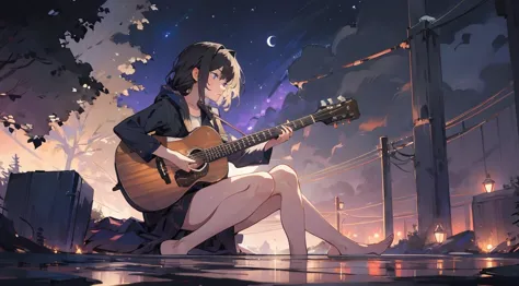 masterpiece,night,(dark alley),star、Night Sky、milky way、octone、
(1 Youth), (solo), Knee hugging sitting，acousticguitar