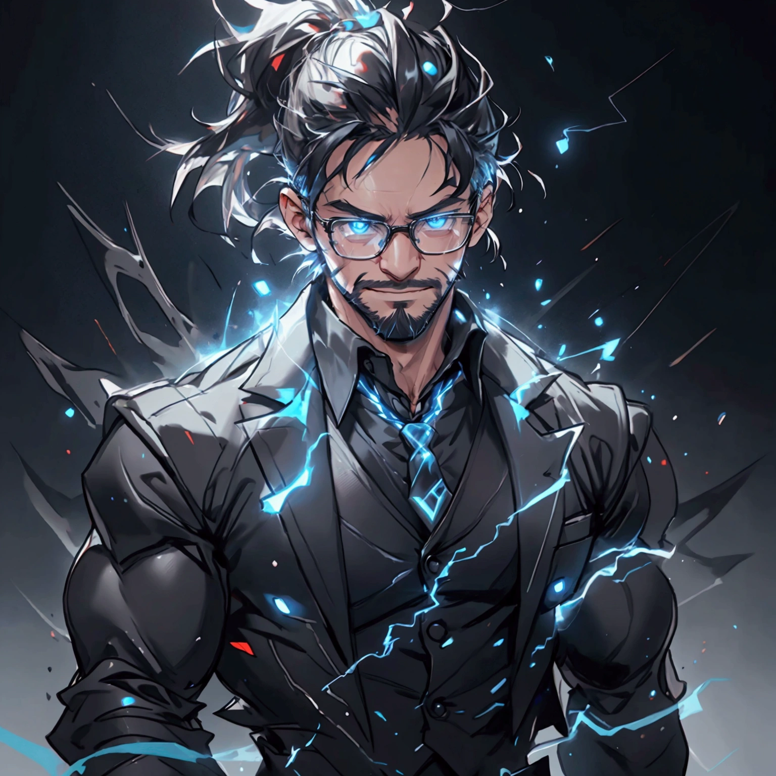 a muscular man with a ponytail, glasses, black hair, light scruffy beard, wearing a business vest and black dress pants, solo, alone, glowing electrical powers, (SOLO)(ALONE), best quality, 8k, highres, masterpiece, ultra-detailed, realistic, photorealistic, photo-realistic, HDR, UHD, studio lighting, ultra-fine painting, sharp focus, physically-based rendering, extreme detail description, professional, vivid colors, bokeh, has blue eyes, blue electric powers, wearing white dress shirt and black vest, fighting pose, grinning, lightning