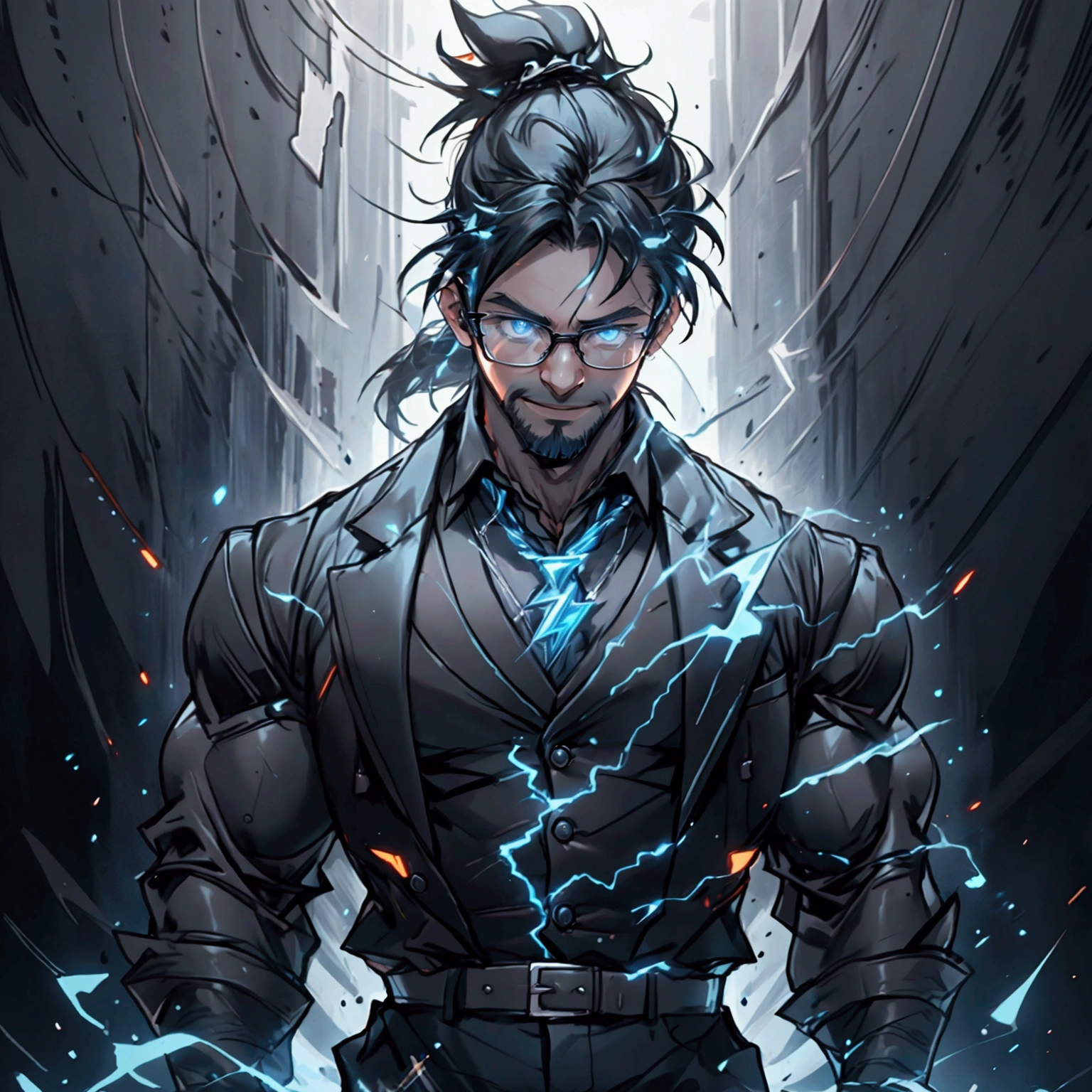 a muscular man with a ponytail, glasses, black hair, light scruffy beard, wearing a business vest and black dress pants, solo, alone, glowing electrical powers, (SOLO)(ALONE), best quality, 8k, highres, masterpiece, ultra-detailed, realistic, photorealistic, photo-realistic, HDR, UHD, studio lighting, ultra-fine painting, sharp focus, physically-based rendering, extreme detail description, professional, vivid colors, bokeh, has blue eyes, blue electric powers, wearing white dress shirt and black vest, fighting pose, grinning, lightning