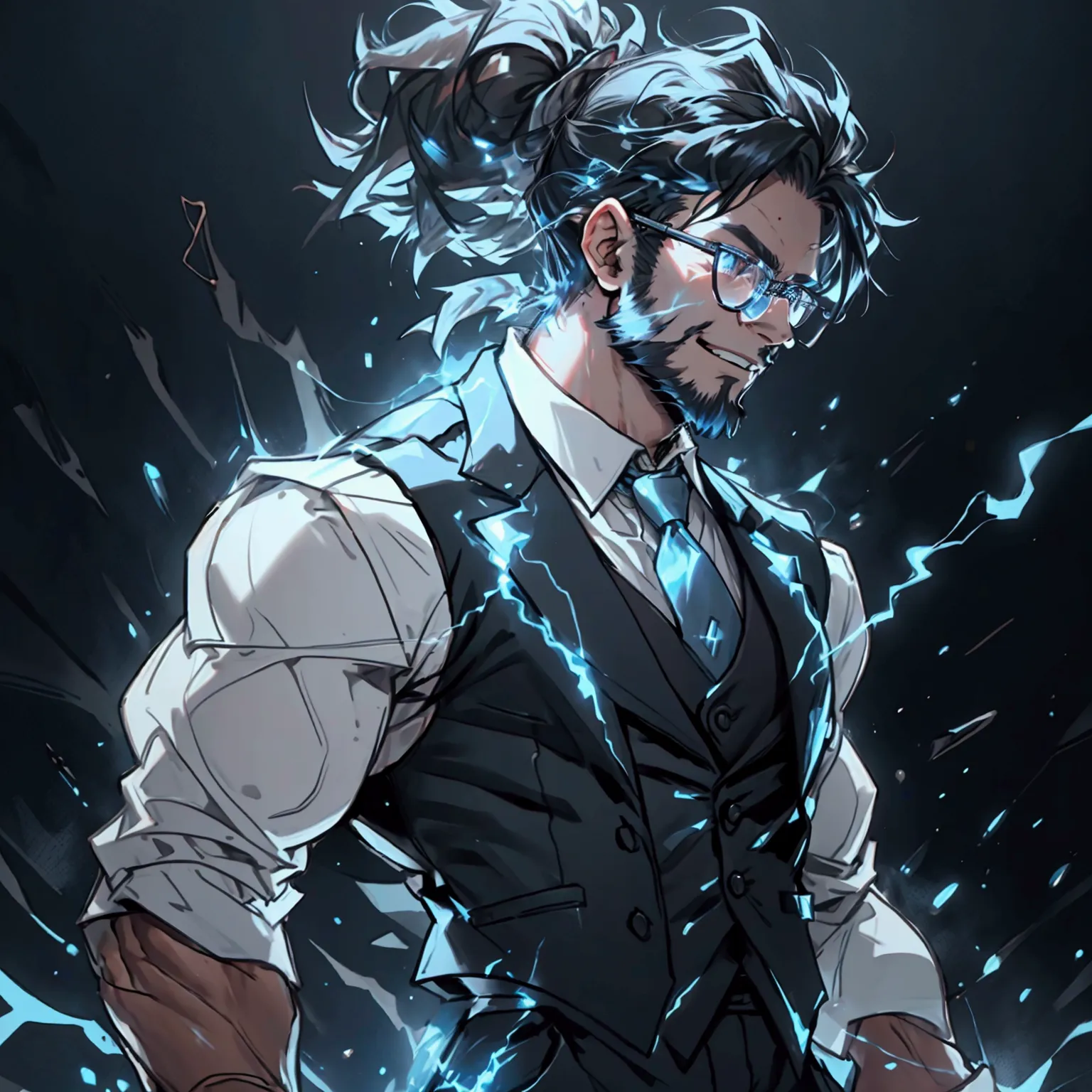 a muscular man with a ponytail, glasses, black hair, light scruffy beard, wearing a business vest and black dress pants, solo, a...