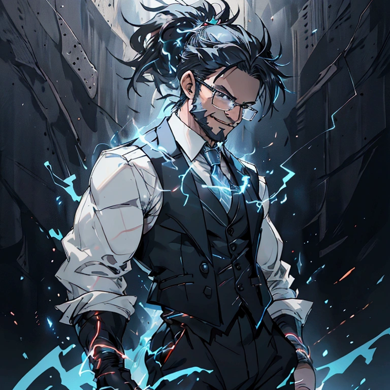 a muscular man with a ponytail, glasses, black hair, light scruffy beard, wearing a business vest and black dress pants, solo, alone, glowing electrical powers, (SOLO)(ALONE), best quality, 8k, highres, masterpiece, ultra-detailed, realistic, photorealistic, photo-realistic, HDR, UHD, studio lighting, ultra-fine painting, sharp focus, physically-based rendering, extreme detail description, professional, vivid colors, bokeh, has blue eyes, blue electric powers, wearing white dress shirt and black vest, fighting pose, grinning, lightning