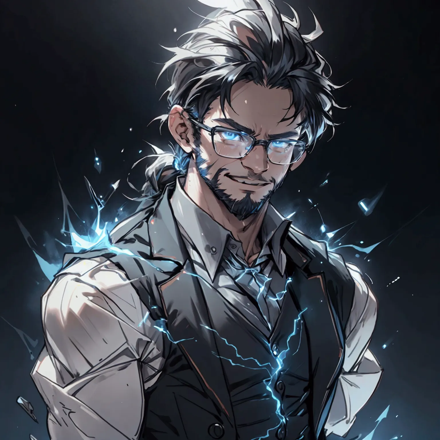 a muscular man with a ponytail, glasses, black hair, light scruffy beard, wearing a business vest and black dress pants, solo, a...