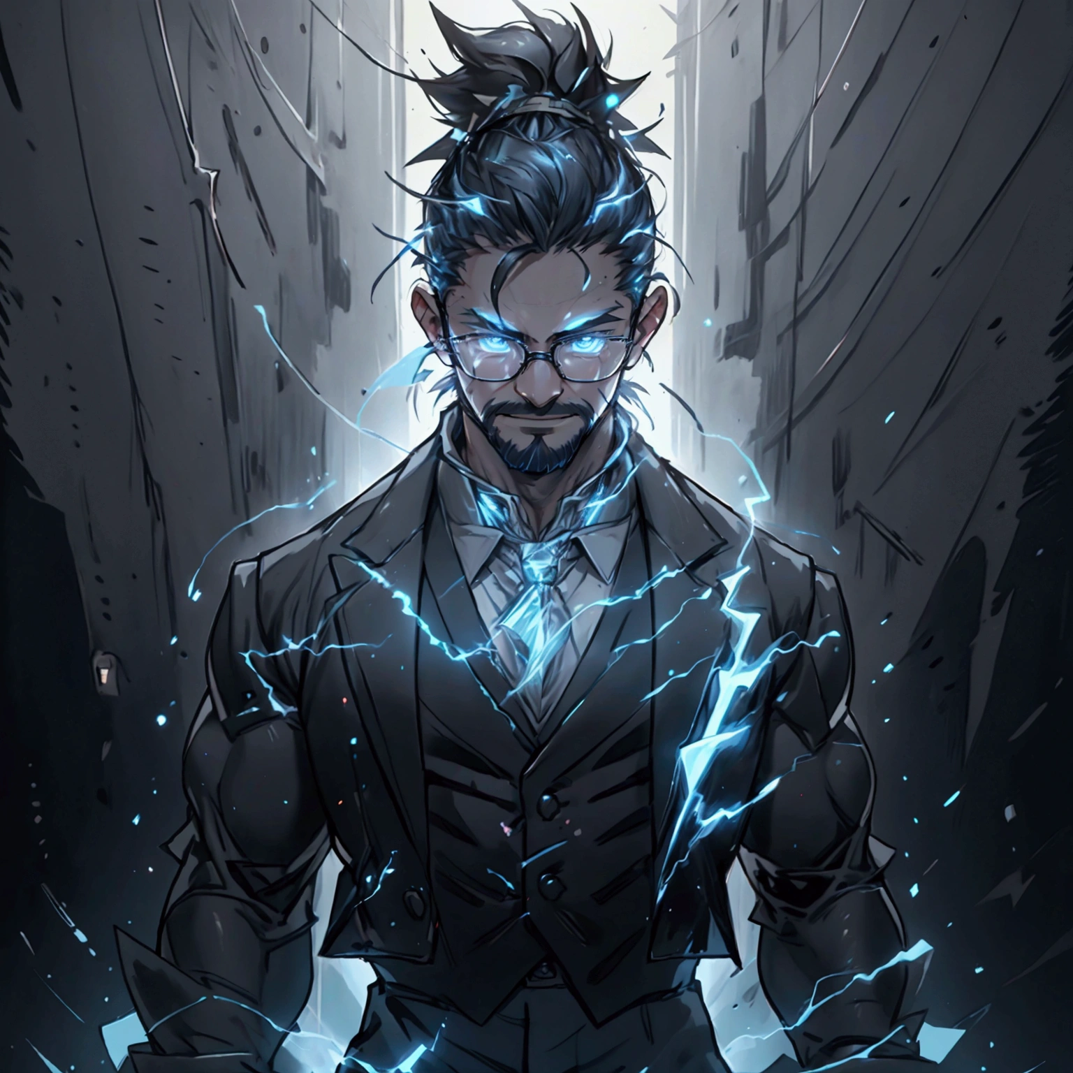 a muscular man with a ponytail, glasses, black hair, light scruffy beard, wearing a business vest and black dress pants, solo, alone, glowing electrical powers, (SOLO)(ALONE), best quality, 8k, highres, masterpiece, ultra-detailed, realistic, photorealistic, photo-realistic, HDR, UHD, studio lighting, ultra-fine painting, sharp focus, physically-based rendering, extreme detail description, professional, vivid colors, bokeh, has blue eyes, blue electric powers, wearing white dress shirt and black vest, fighting pose, grinning, lightning