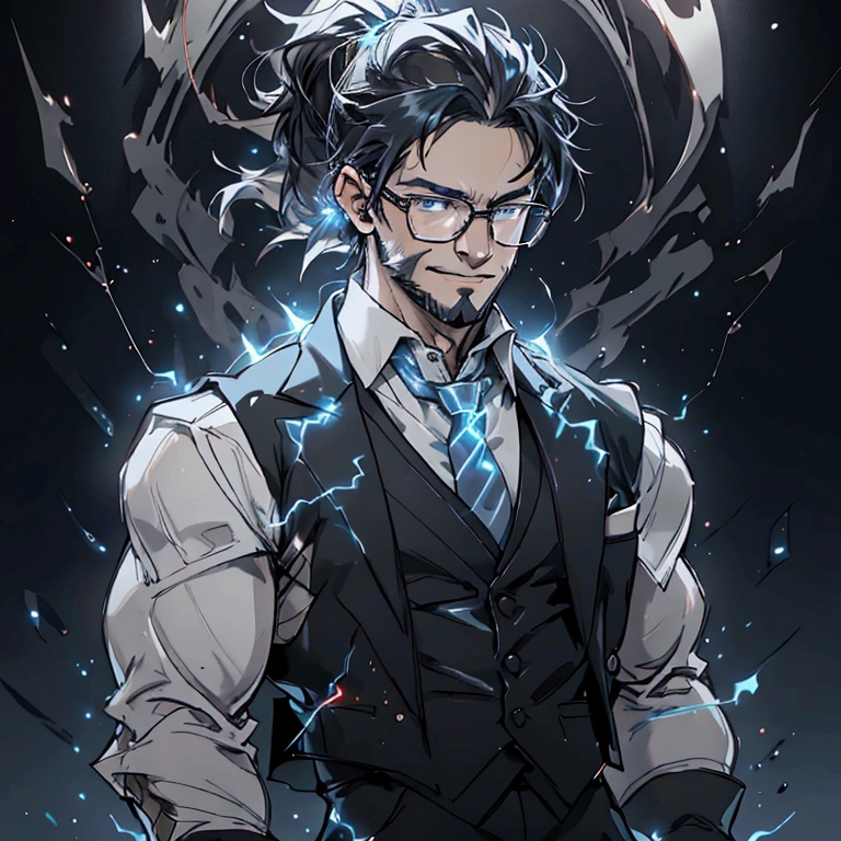 a muscular man with a ponytail, glasses, black hair, light scruffy beard, wearing a business vest and black dress pants, solo, alone, glowing electrical powers, (SOLO)(ALONE), best quality, 8k, highres, masterpiece, ultra-detailed, realistic, photorealistic, photo-realistic, HDR, UHD, studio lighting, ultra-fine painting, sharp focus, physically-based rendering, extreme detail description, professional, vivid colors, bokeh, has blue eyes, blue electric powers, wearing white dress shirt and black vest, fighting pose, grinning, lightning