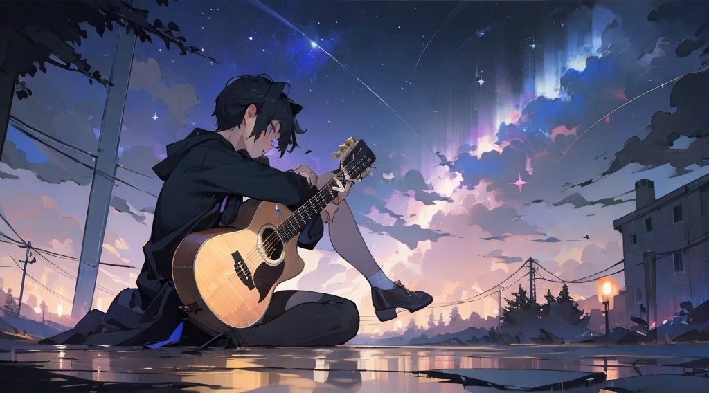 masterpiece,night,(dark alley),star、Night Sky、milky way、octone、
(1 Youth), (solo), Knee hugging sitting，acousticguitar