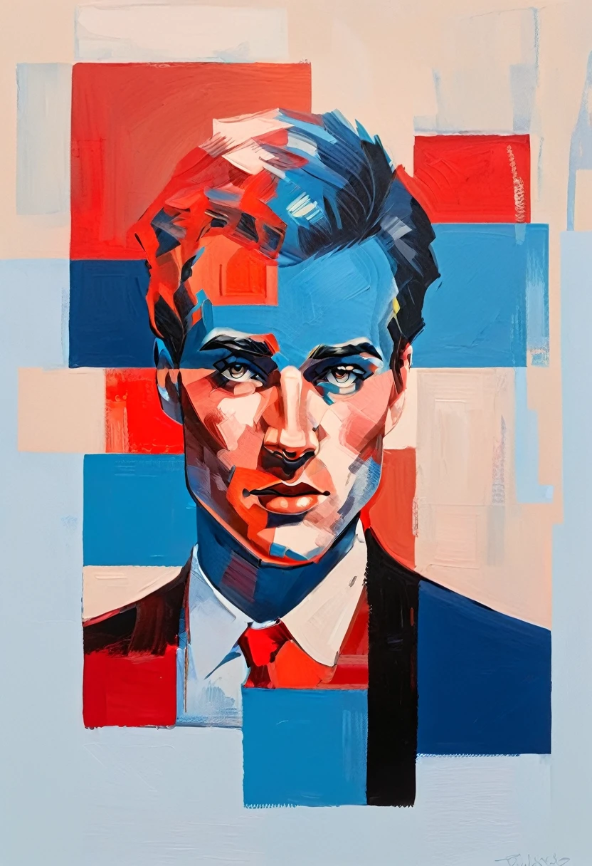 Create a contemporary portrait of a man with sharp features, using a bold and graphic style. Use vibrant, contrasting colors with a strong emphasis on red and blue hues. The background should be a neutral, pale beige or light peach color. The face should be at a slight angle, with clean lines and blocks of color to define the facial structure. Ensure the expression is intense, and the overall composition has a modern, pop-art feel. The painting should capture the interplay between light and shadow with striking contrasts.