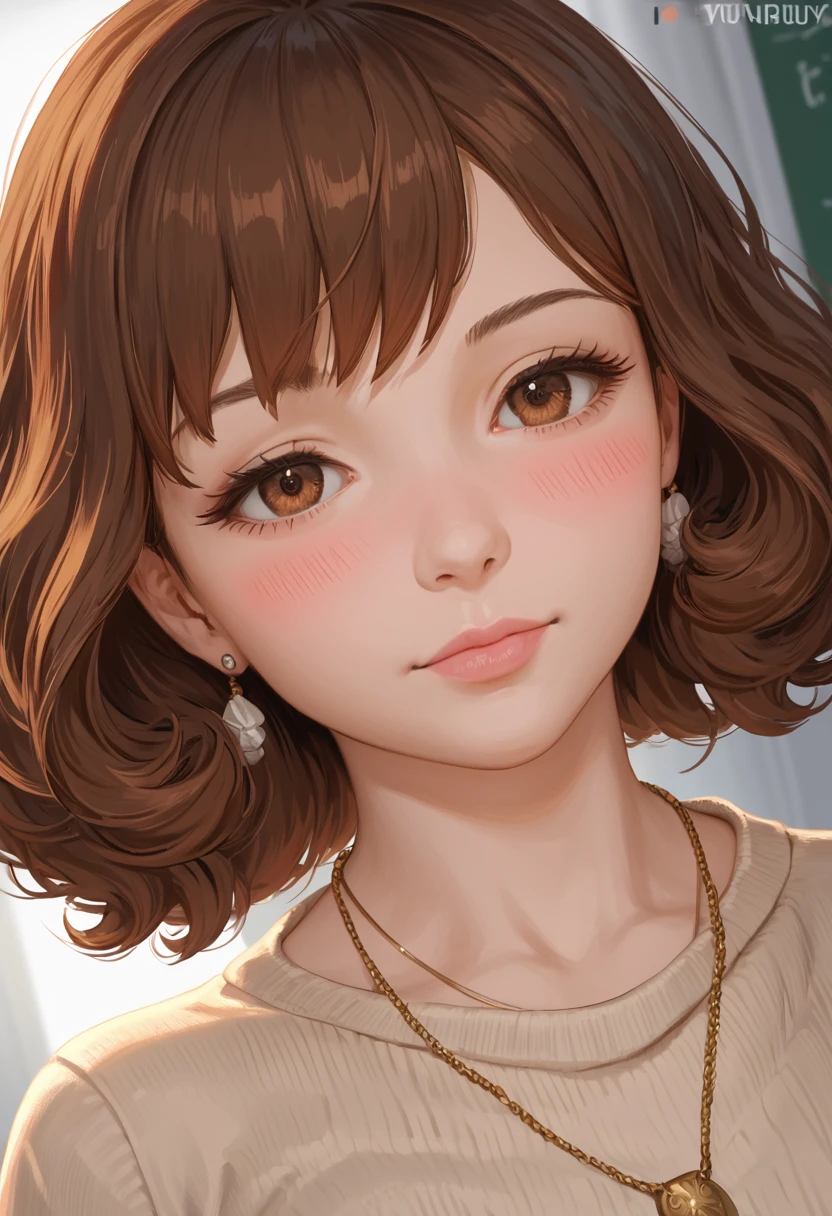 (Tabletop, Highest quality, High resolution, , Pixel perfect, 4K,), 1 girl, single, alone, Beautiful woman、I could see the whole body、 ((Wavy mid-length hair, bangs, Brown Hair)), ((Brown eyes, Beautiful eyelashes, Realistic eyes)), ((Detailed face, blush:1.2)), ((Smooth texture:0.75, Realistic texture:0.65, Realistic:1.1, Anime CG style)), Flat chest, Dynamic Angle, Perfect body, ((, female teacher, , Earrings、necklace、Beige Turtleneck Sweater、black long flare skirt、Black knee-high stockings、、A shy smile、Place your hands behind your back、Leaning forward、look back)), Excellent、、、evening、、(、、、Angle from below)、