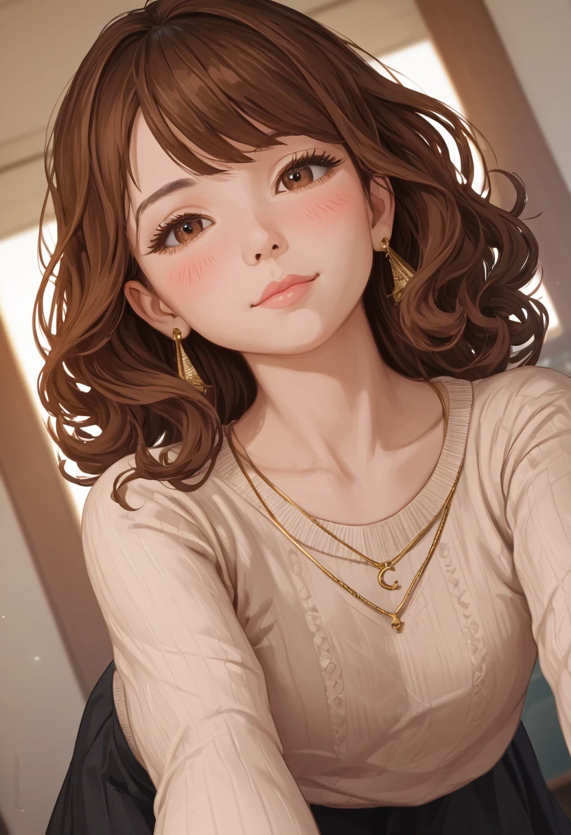 (Tabletop, Highest quality, High resolution, , Pixel perfect, 4K,), 1 girl, single, alone, Beautiful woman、I could see the whole body、 ((Wavy mid-length hair, bangs, Brown Hair)), ((Brown eyes, Beautiful eyelashes, Realistic eyes)), ((Detailed face, blush:1.2)), ((Smooth texture:0.75, Realistic texture:0.65, Realistic:1.1, Anime CG style)), Flat chest, Dynamic Angle, Perfect body, ((, female teacher, , Earrings、necklace、Beige Turtleneck Sweater、black long flare skirt、Black knee-high stockings、、A shy smile、Place your hands behind your back、Leaning forward、look back)), Excellent、、、evening、、(、、、Angle from below)、