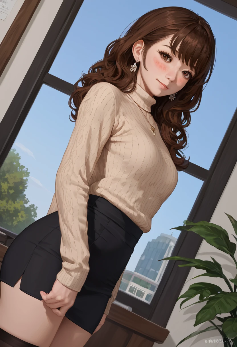 (Tabletop, Highest quality, High resolution, , Pixel perfect, 4K,), 1 girl, single, alone, Beautiful woman、I could see the whole body、 ((Wavy mid-length hair, bangs, Brown Hair)), ((Brown eyes, Beautiful eyelashes, Realistic eyes)), ((Detailed face, blush:1.2)), ((Smooth texture:0.75, Realistic texture:0.65, Realistic:1.1, Anime CG style)), Flat chest, Dynamic Angle, Perfect body, ((, female teacher, , Earrings、necklace、Beige Turtleneck Sweater、black long flare skirt、Black knee-high stockings、、A shy smile、Place your hands behind your back、Leaning forward、look back)), Excellent、、、evening、、(、、、Angle from below)、