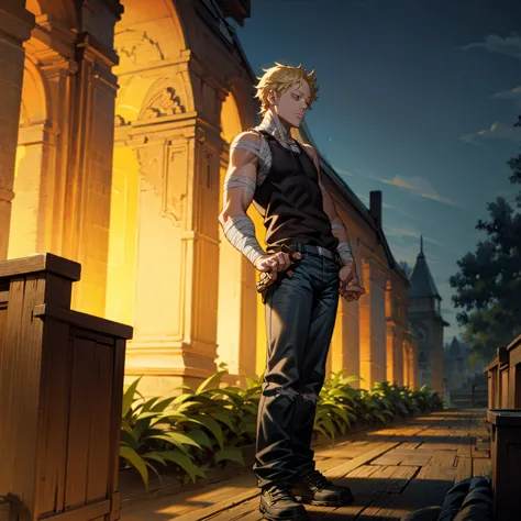 solo character, full body version, aged man, blonde hair, short haircut, very tall, black singlet, jeans, bandage, shoes, evenin...