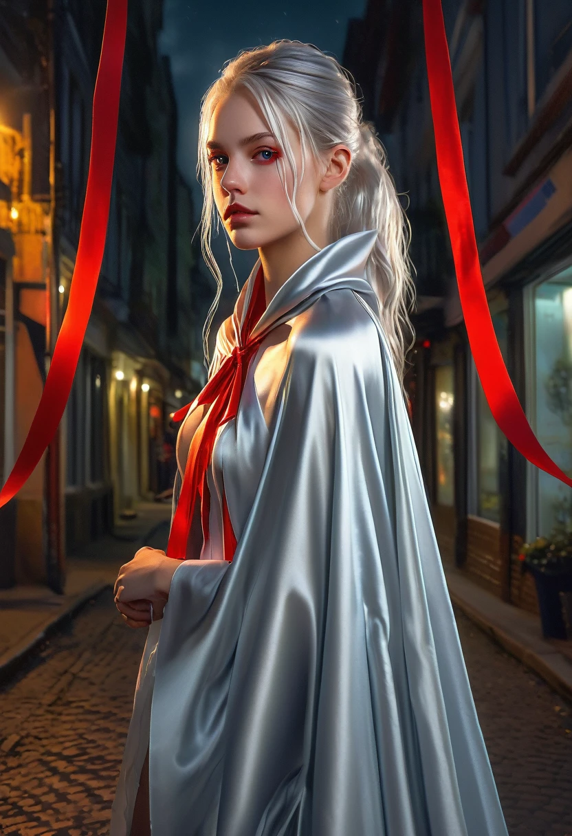 (RAW Photo) , (highly detailed:1.20) , ultra realistic :1.10) ,sexy girl in her 20s , (perfect face:1.20) , (detailed red pupils :1.20) , with long silver hair in ponytail , (((long silver satin cape tied at the neck with a ribbon :1.20))) , naked  , full body, walking down street at night , high-quality ultra realistic style, detailed eyes, professional, expressive , 8K , highly detailed , professional,