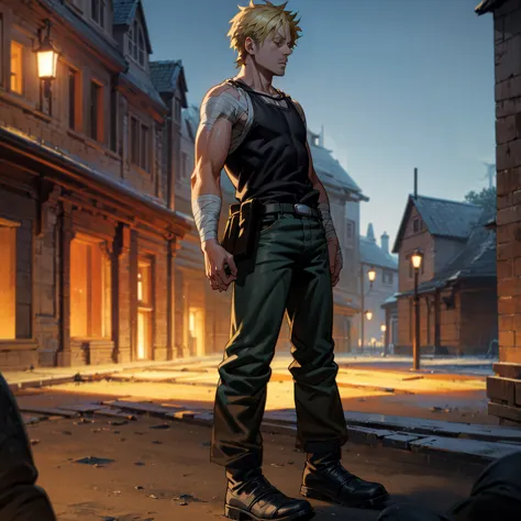 solo character, full body version, aged man, blonde hair, short haircut, very tall, black singlet, jeans, bandage, shoes, evenin...