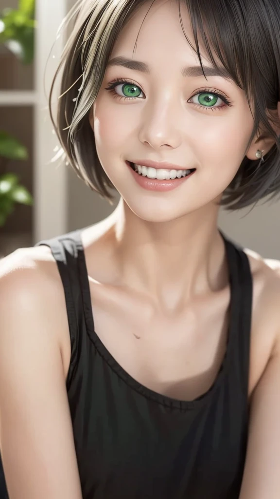 (representative work:1.4), (8K, realistic, RAW photo, Highest image quality:1.4), (24 year old mature woman), (smile:1.4), (side hot:1.1), beautiful face, (realisticな顔), glasses, (gray hair, short hair:1.3), beautiful hairstyle, realistic eyes, Detailed and beautiful eyes, (realisticな肌), beautiful skin, (close up:1.3), charm, 超High resolution, (green eyes:1.3)