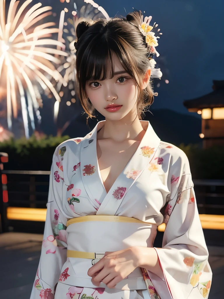 raw photo, 8k, (top-quality), Realistic, (real picture, Intricate details), (natural skin texture, detailed skin, hyper realism, sharpness), (pale skin:1.5), Japanese teenage girl walking with hands behind back in shopping street at night, (sexy floral yukata:1.5), exposed cleavage:1.3, slender body, (blonde hair, bun hairstyle, blunt bangs), shy smile, night time, (fireworks:1.5)