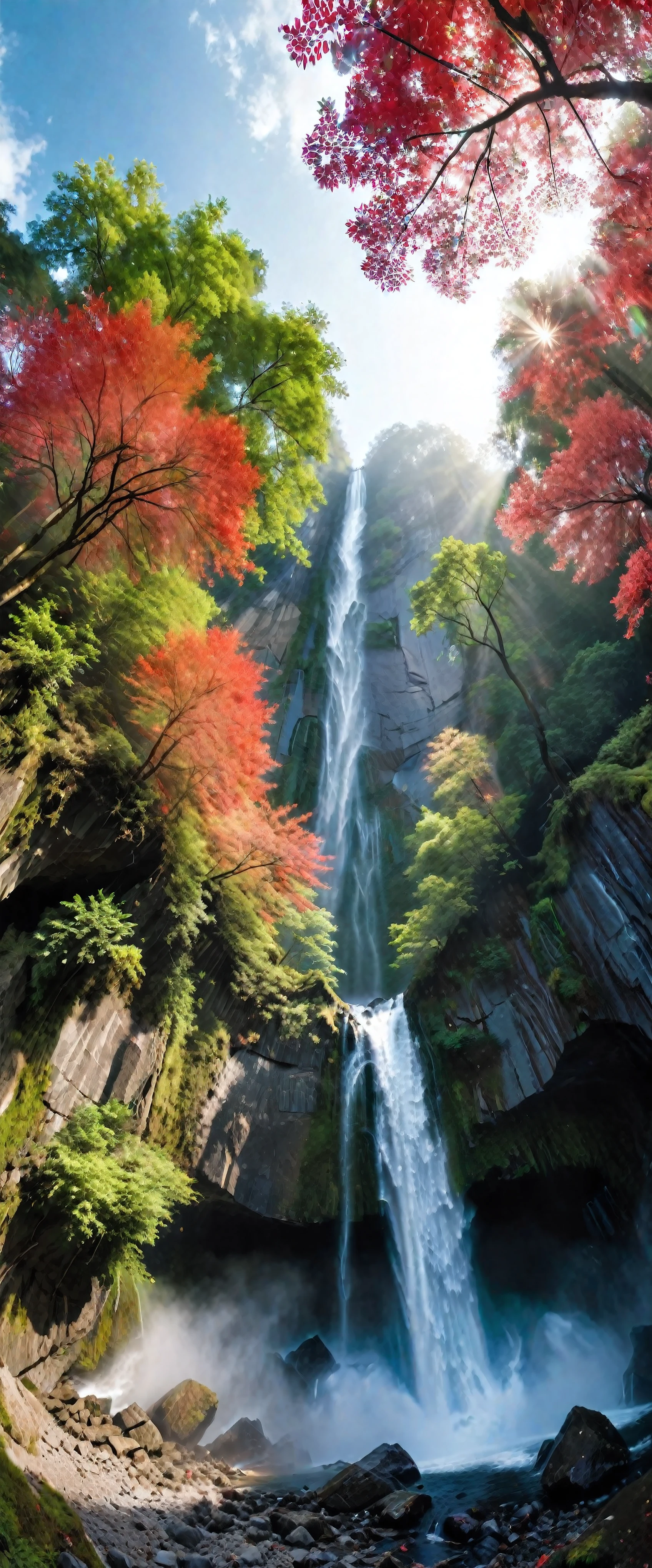 Low-angle view of Towering steep and towering waterfall in a cliff, wild forest, forest mists, asymmetric waterfall cliff canyon, (ultra wide angle:1.5), fisheye lens photo, ((Low-angle view):1.2), ((sense of extreme height):1.1), highly detailed background, (mists), Coexistence with the natural environment, extremely detailed background, lush wild sakura trees, red maple trees, beautiful landscape, secret lake, extremely detailed, depth of field, best quality, masterpiece, high resolution, Hyperrealistic, 8K, top-view, high angle view, BlueColor Palette.

Rendered in ultra-high definition with UHD and retina quality, this masterpiece ensures super detail. 

With a focus on high quality and accuracy, this award-winning portrayal captures every nuance in stunning 16k resolution, immersing viewers in its lifelike depiction. Avoid extreme angles or exaggerated expressions to maintain realism.

((perfect_composition, perfect_design, perfect_layout, perfect_detail, ultra_detailed)), ((enhance_all, fix_everything)), More Detail, Enhance.