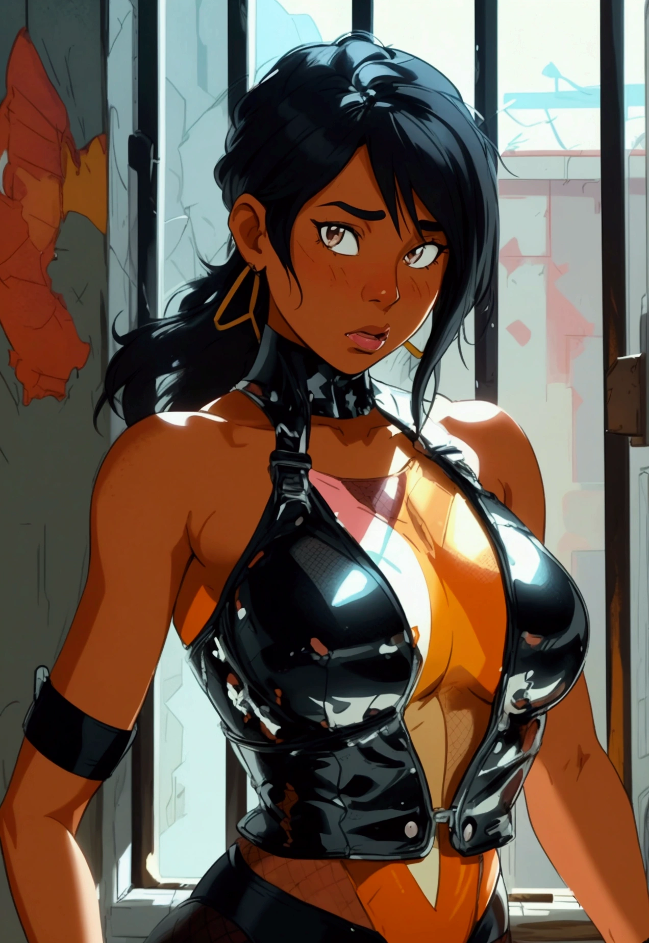 (Connie Maheswaran, a strong and attractive character from DOA, is depicted in a black leotard and fishnets, set in a prison. The artwork is based on the 2020 anime style and is created by Mori P. The piece is crisp and a masterpiece, with an 8k wallpaper resolution, a dynamic angle, pose, and perspective, with a dynamic line of action. The color palette consists of cool tones, sharp gradients, deep highlights, and atmospheric shading. The image is formatted to be a full body shot taken from above , with 6 color references . The final image size is 750 gigapixels, back pov,