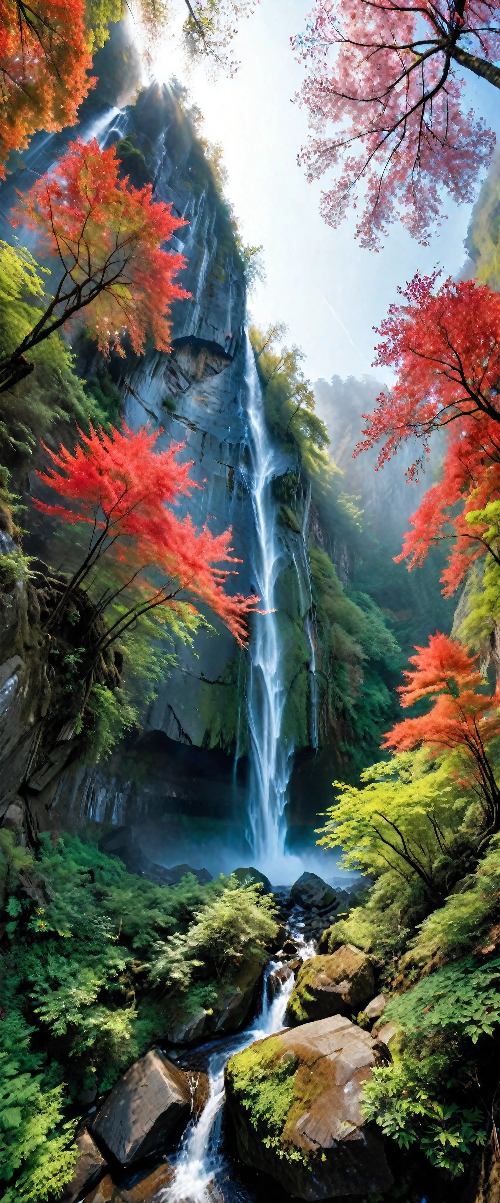 Low-angle view of Towering steep and towering waterfall in a cliff, wild forest, forest mists, asymmetric waterfall cliff canyon, (ultra wide angle:1.5), fisheye lens photo, ((Low-angle view):1.2), ((sense of extreme height):1.1), highly detailed background, (mists), Coexistence with the natural environment, extremely detailed background, lush wild sakura trees, red maple trees, beautiful landscape, secret lake, extremely detailed, depth of field, best quality, masterpiece, high resolution, Hyperrealistic, 8K, top-view, high angle view, BlueColor Palette.

Rendered in ultra-high definition with UHD and retina quality, this masterpiece ensures super detail. 

With a focus on high quality and accuracy, this award-winning portrayal captures every nuance in stunning 16k resolution, immersing viewers in its lifelike depiction. Avoid extreme angles or exaggerated expressions to maintain realism.

((perfect_composition, perfect_design, perfect_layout, perfect_detail, ultra_detailed)), ((enhance_all, fix_everything)), More Detail, Enhance.