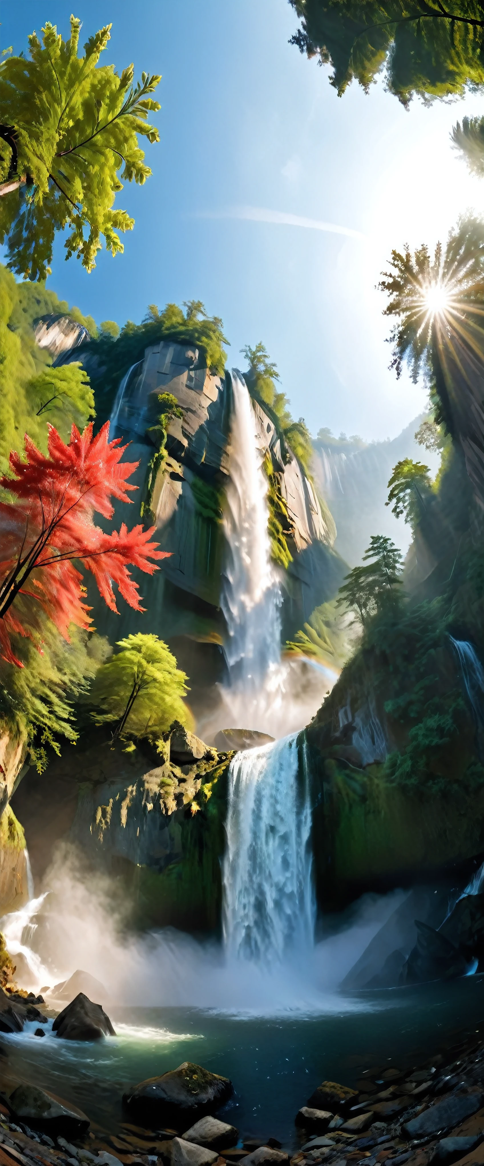 Low-angle view of Towering steep and towering waterfall in a cliff, wild forest, forest mists, asymmetric waterfall cliff canyon, (ultra wide angle:1.5), fisheye lens photo, ((Low-angle view):1.2), ((sense of extreme height):1.1), highly detailed background, (mists), Coexistence with the natural environment, extremely detailed background, lush wild sakura trees, red maple trees, beautiful landscape, secret lake, extremely detailed, depth of field, best quality, masterpiece, high resolution, Hyperrealistic, 8K, top-view, high angle view, BlueColor Palette.

Rendered in ultra-high definition with UHD and retina quality, this masterpiece ensures super detail. 

With a focus on high quality and accuracy, this award-winning portrayal captures every nuance in stunning 16k resolution, immersing viewers in its lifelike depiction. Avoid extreme angles or exaggerated expressions to maintain realism.

((perfect_composition, perfect_design, perfect_layout, perfect_detail, ultra_detailed)), ((enhance_all, fix_everything)), More Detail, Enhance.