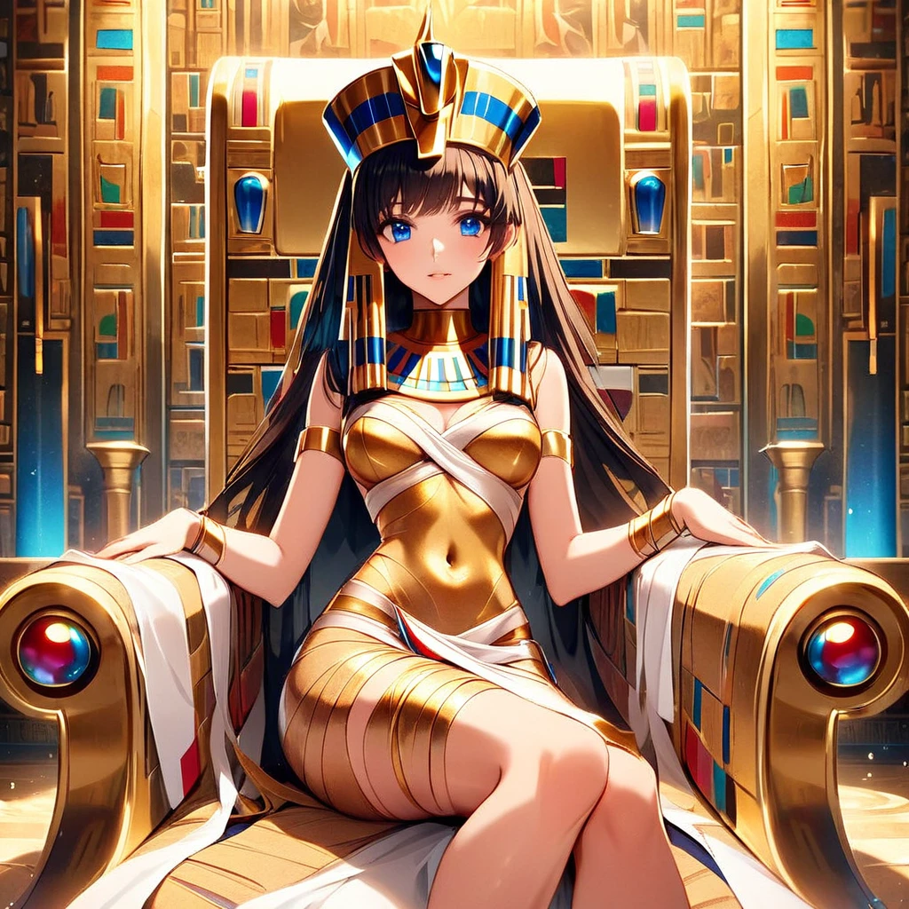 ((The woman is Tutankhamun, a golden statue of a pharaoh with shiny golden skin and wearing a Tutankhamun mask))、((Highest quality)), ((masterpiece)), (detailed), （Perfect Face）、The woman is Tutankhamun with shiny golden skin, a pharaoh wearing a gorgeous pharaoh hat, and the Tutankhamun woman is Lacus Clyne, with shiny golden skin, blue eyes, pink semi-long hair, and a gorgeous Tutankhamun costume like the ancient Egyptian Tutankhamun, and is a gorgeous and magnificent Tutankhamun like Tutankhamun, a magnificent pharaoh woman.、Female pharaoh embraces god Anubis with great ancient Egyptian golden skin queen Tutankhamun wearing Tutankhamun hat sitting on the throne in ancient Egyptian palace