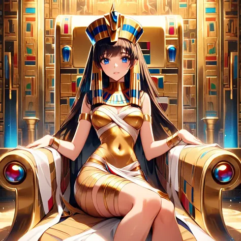 ((the woman is tutankhamun, a golden statue of a pharaoh with shiny golden skin and wearing a tutankhamun mask))、((highest quali...