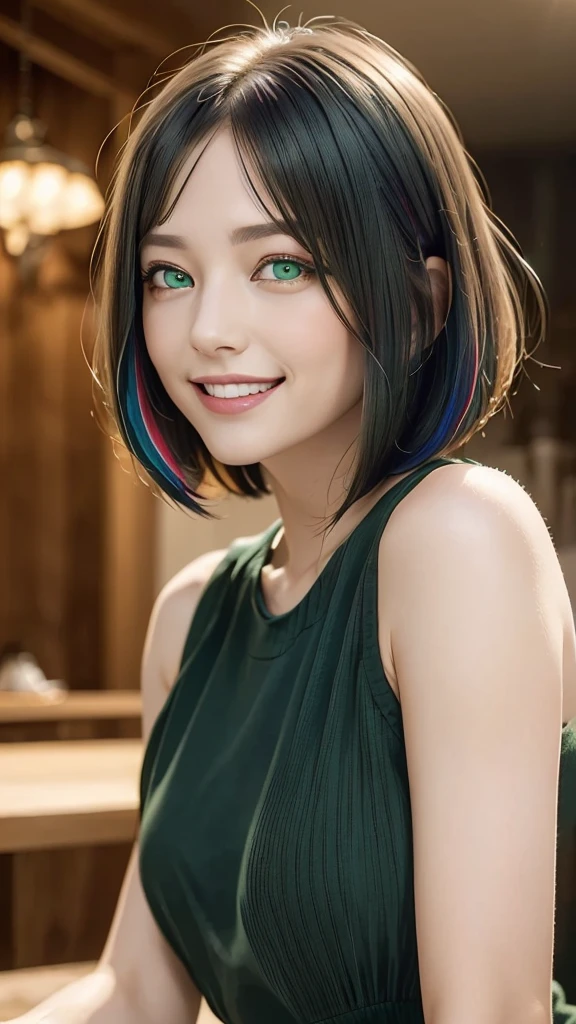 (representative work:1.4), (8K, realistic, RAW photo, Highest image quality:1.4), (21 year old mature woman), (smile:1.4), (side shot:1.5), beautiful face, (realisticな顔), (colorful hair, bob cut:1.3), beautiful hairstyle, realistic eyes, Detailed and beautiful eyes, (realisticな肌), beautiful skin, (close up:1.3), charm, 超High resolution, (green eyes:1.3)