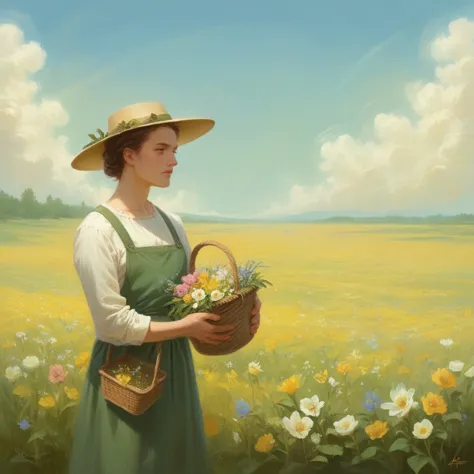 painting &quot;woman with a basket of flowers in a field&quot;., laszlo balog, in the field with flowers, in a field of flowers,...