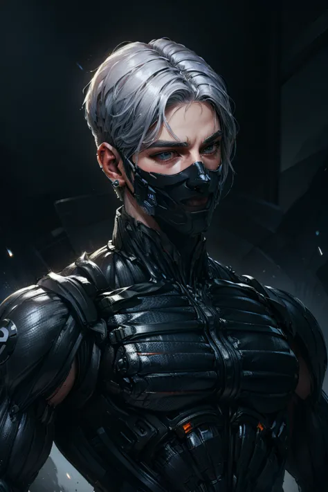 {best quality, 8k, masterpiece}, (realistic), [[male]], [[white hair]], ((middle part haircut)), (earrings), (mask)