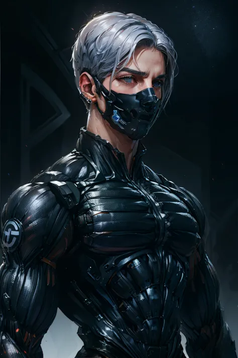 {best quality, 8k, masterpiece}, (realistic), [[male]], [[white hair]], ((middle part haircut)), (earrings), (mask)