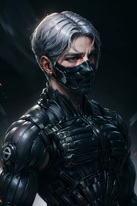 {best quality, 8k, masterpiece}, (realistic), [[male]], [[white hair]], ((middle part haircut)), (earrings), (mask)