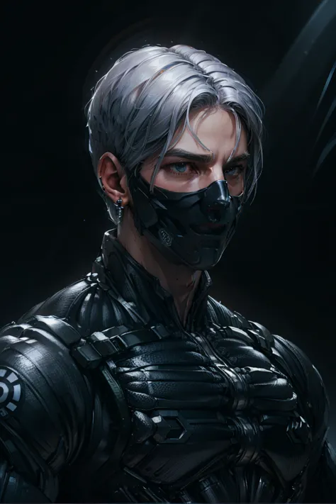 {best quality, 8k, masterpiece}, (realistic), [[male]], [[white hair]], ((middle part haircut)), (earrings), (mask)