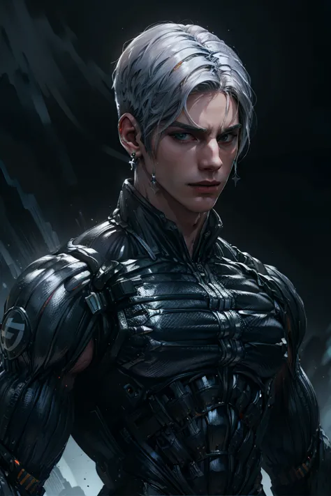 {best quality, 8k, masterpiece}, (realistic), [[male]], [[white hair]], ((middle part haircut)), (earrings), (mask)