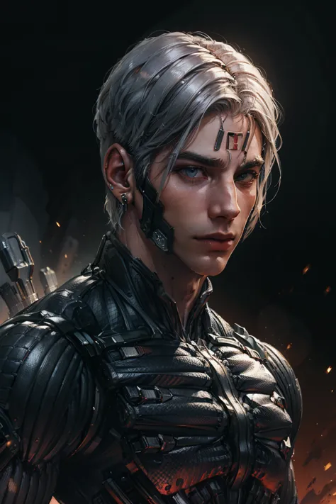 {best quality, 8k, masterpiece}, (realistic), [[male]], [[white hair]], ((middle part haircut)), (earrings), (mask)