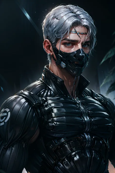 {best quality, 8k, masterpiece}, (realistic), [[male]], [[white hair]], ((middle part haircut)), (earrings), (mask)