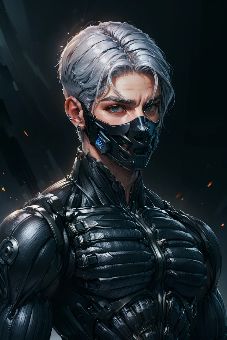 {Best Quality, 8k, Masterpiece}, (Realistic), [[Male]], [[White Hair]], ((Middle Part Haircut)), (Earrings), (Mask)