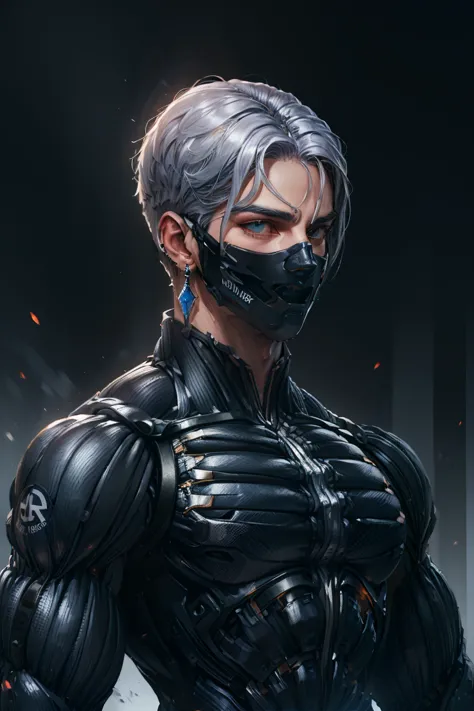 {Best Quality, 8k, Masterpiece}, (Realistic), [[Male]], [[White Hair]], ((Middle Part Haircut)), (Earrings), (Mask)